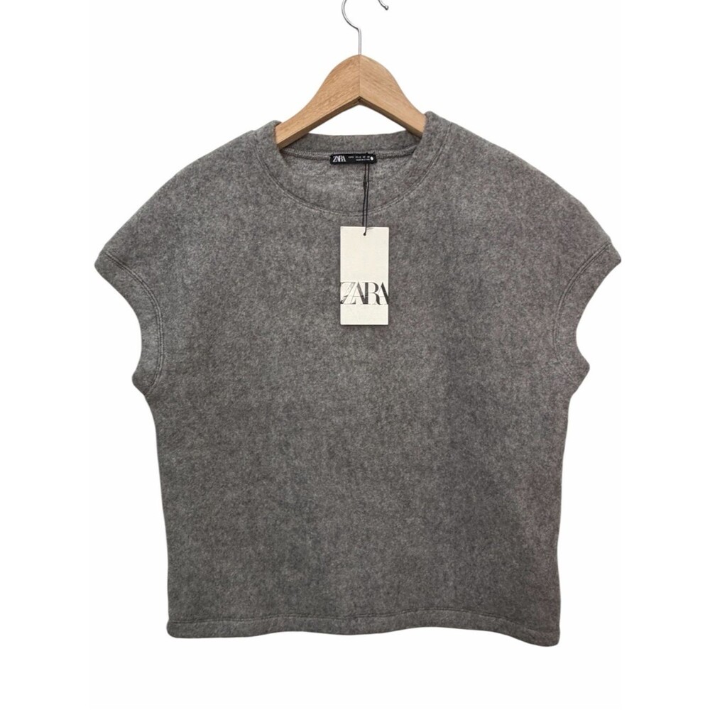 Zara Heather Gray Cap Slv Crew Neck Oversized Boxy Knit Sweater Women Sz S New